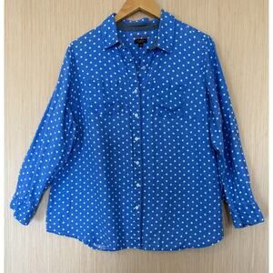 Talbots Linen Polka Dot Top Womens Size 1XP Petite Button Up Roll Tab Casual